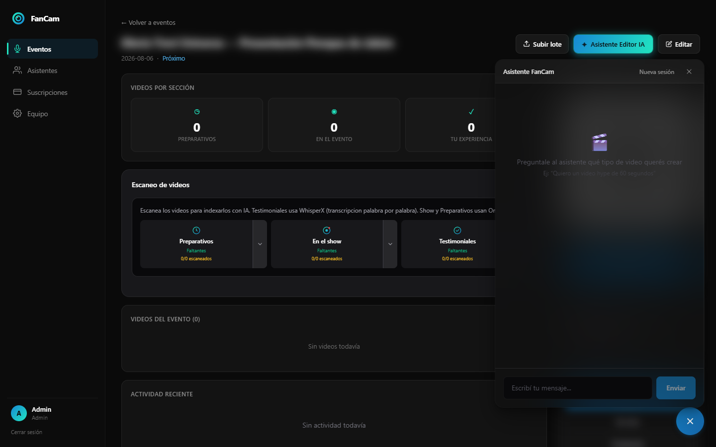Event dashboard with the editing assistant open. Event names and media blurred.